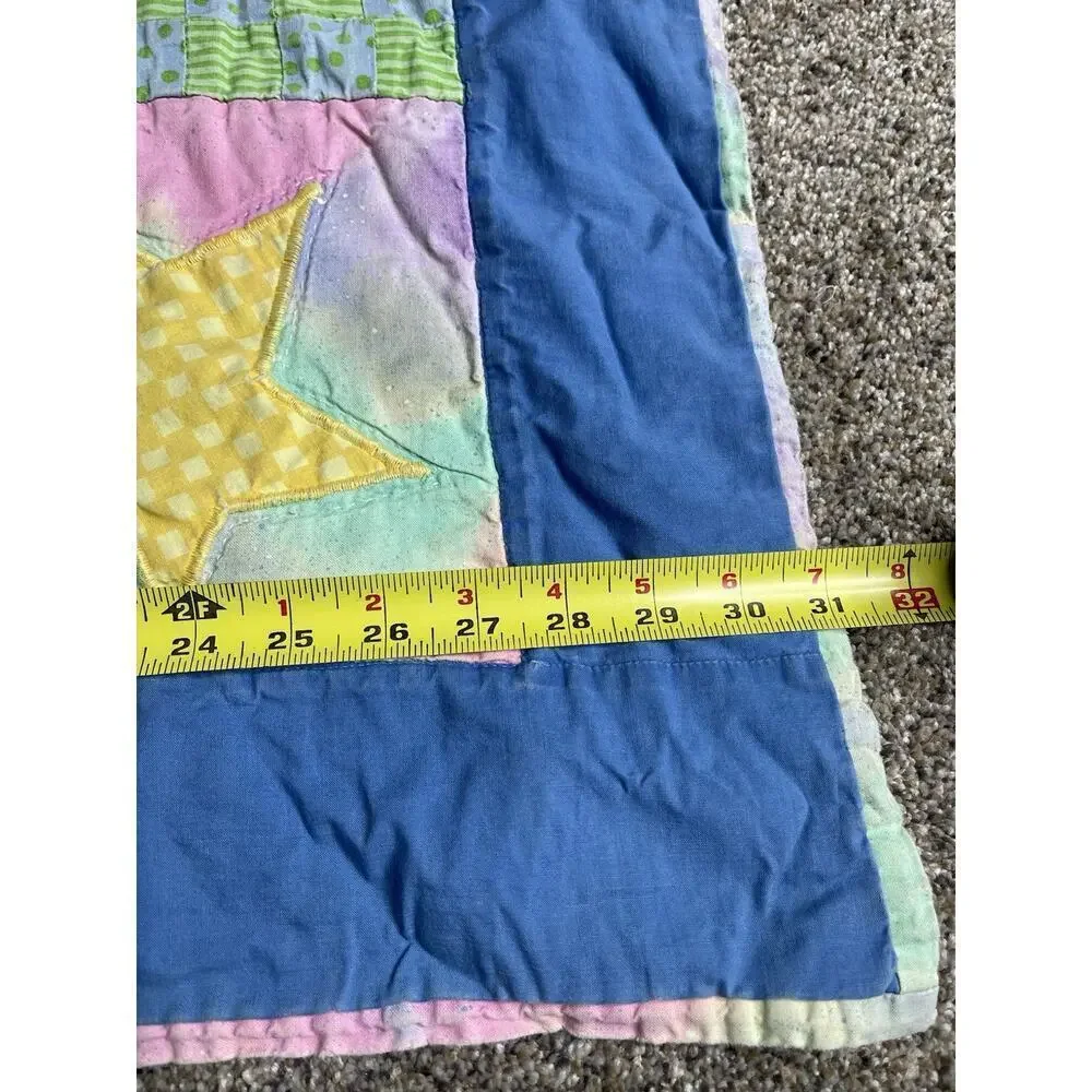 Vintage Whimsical Blanket Quilt Neon Colors Moon Stars Bunnies 47in X 31in